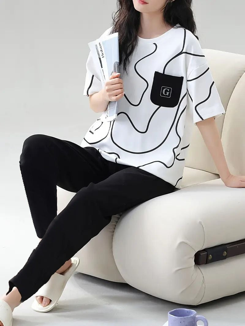 White Black Lining Pocket Printed Half Sleeves T-shirt With Plain Black Pajama Suit