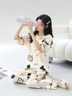 Off White Multi Monster Bear Half Sleeves Printed Night Suit