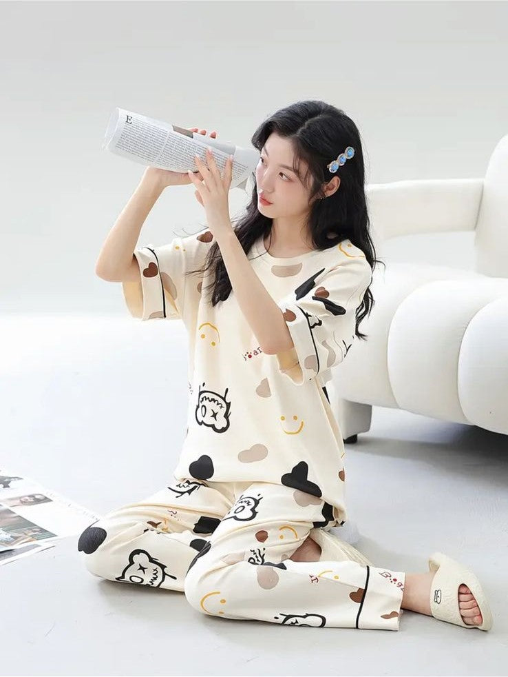 Off White Multi Monster Bear Half Sleeves Printed Night Suit