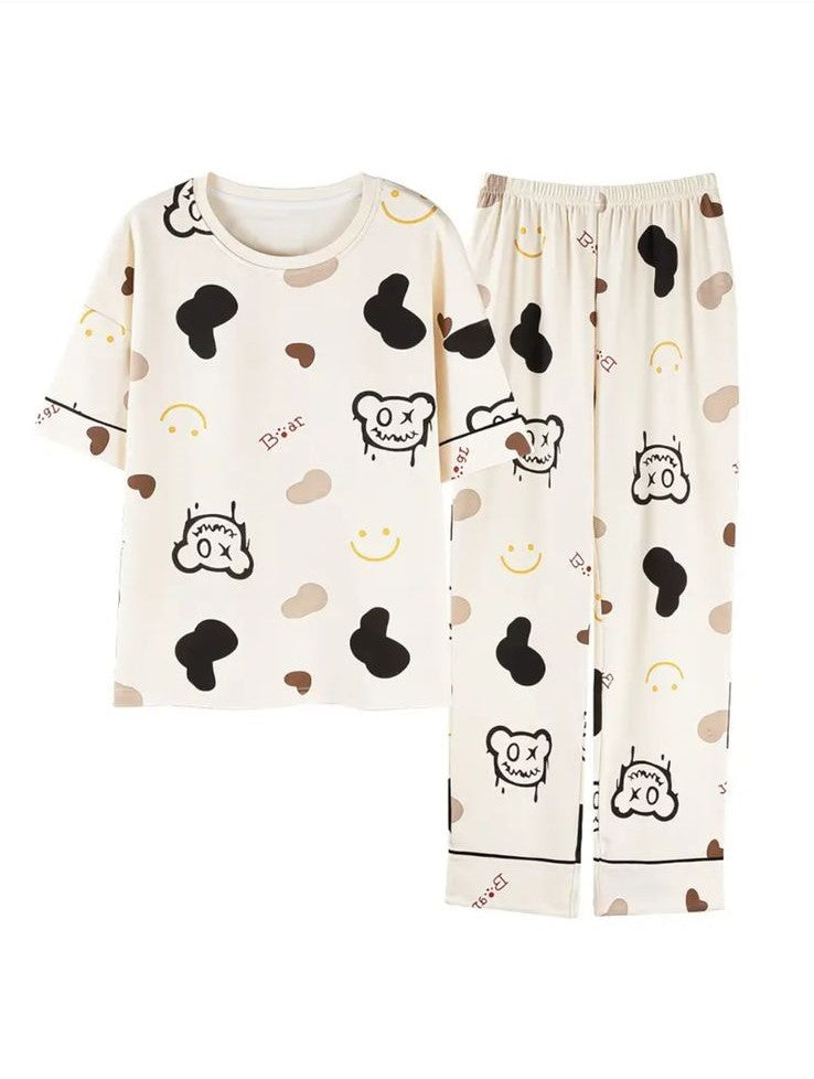 Off White Multi Monster Bear Half Sleeves Printed Night Suit