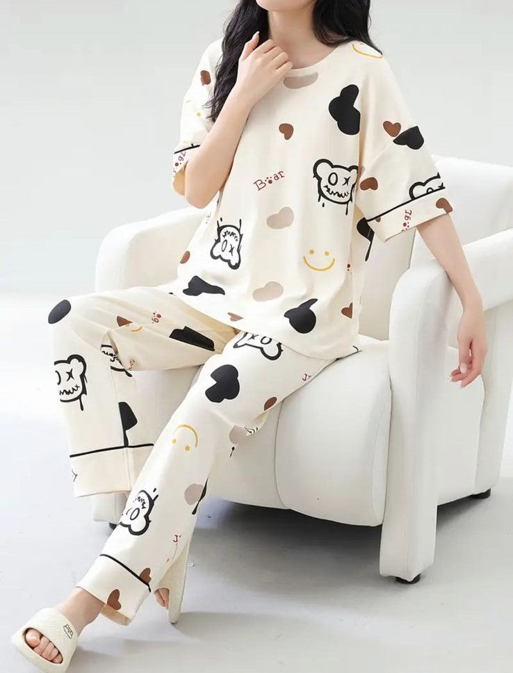 Off White Multi Monster Bear Half Sleeves Printed Night Suit