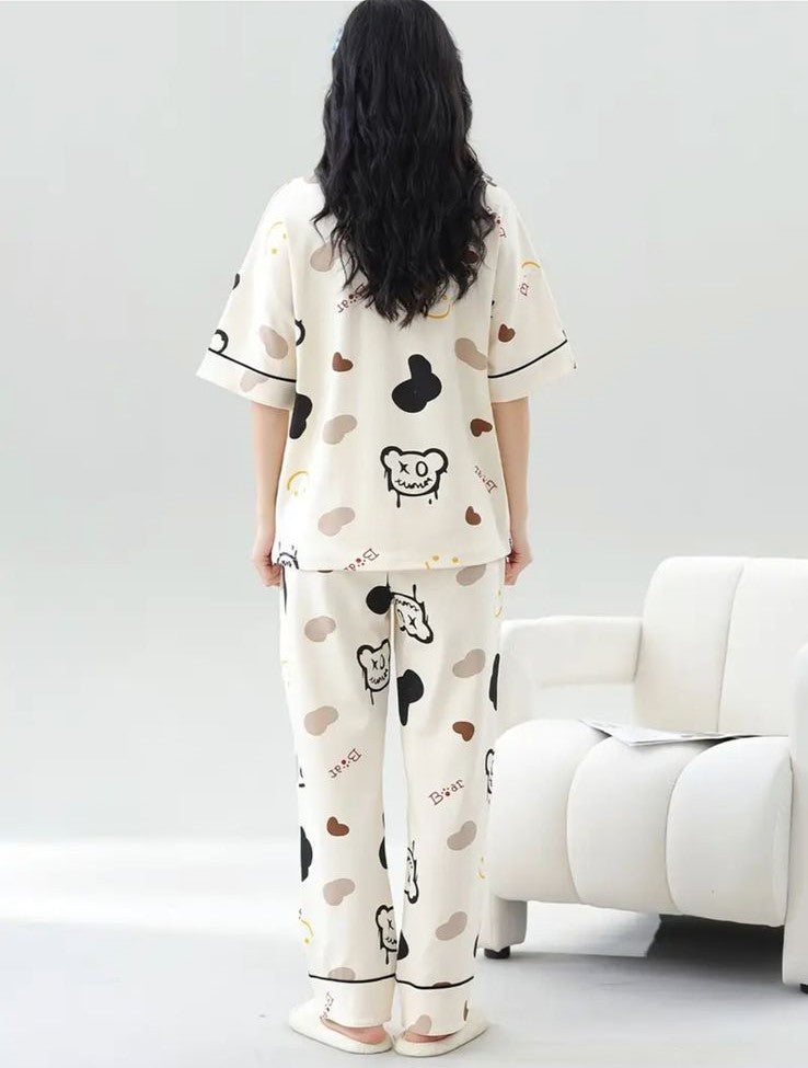 Off White Multi Monster Bear Half Sleeves Printed Night Suit