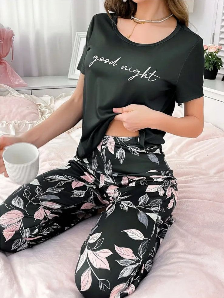 Black Good Night With Flower Printed Trouser Half Sleeves Night Suit