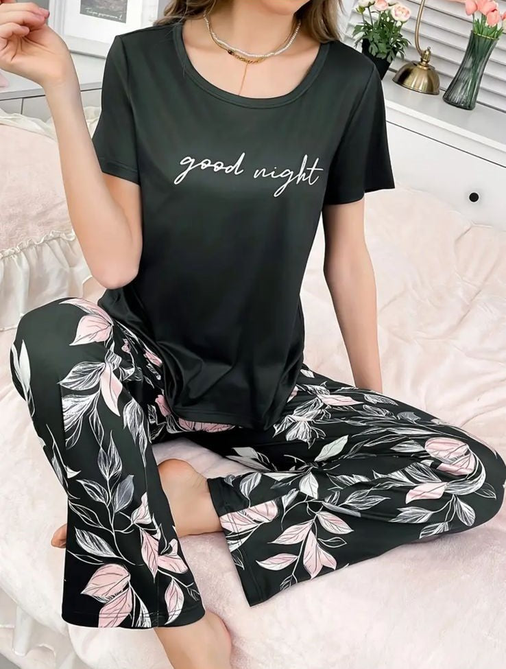 Black Good Night With Flower Printed Trouser Half Sleeves Night Suit
