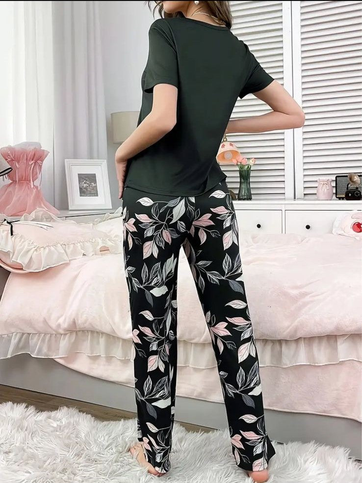 Black Good Night With Flower Printed Trouser Half Sleeves Night Suit