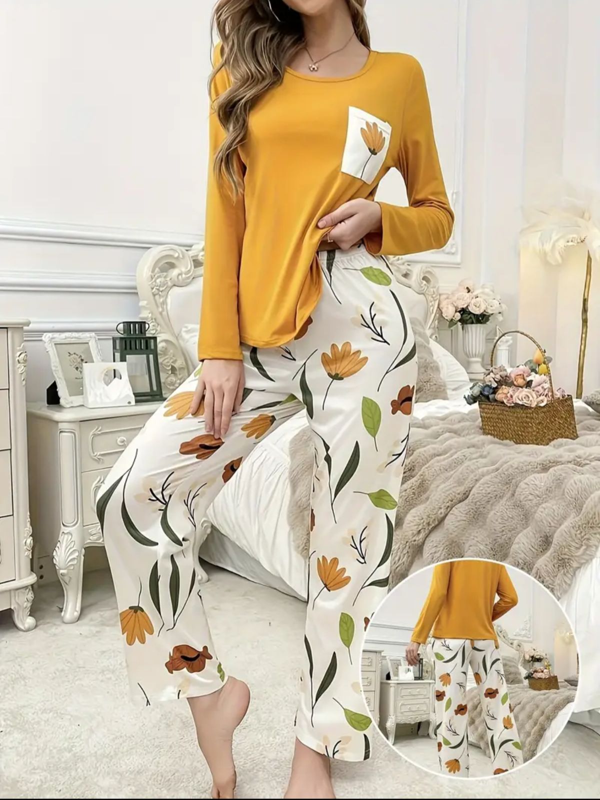Mustard Pocket Flower With Flower Printed Trouser