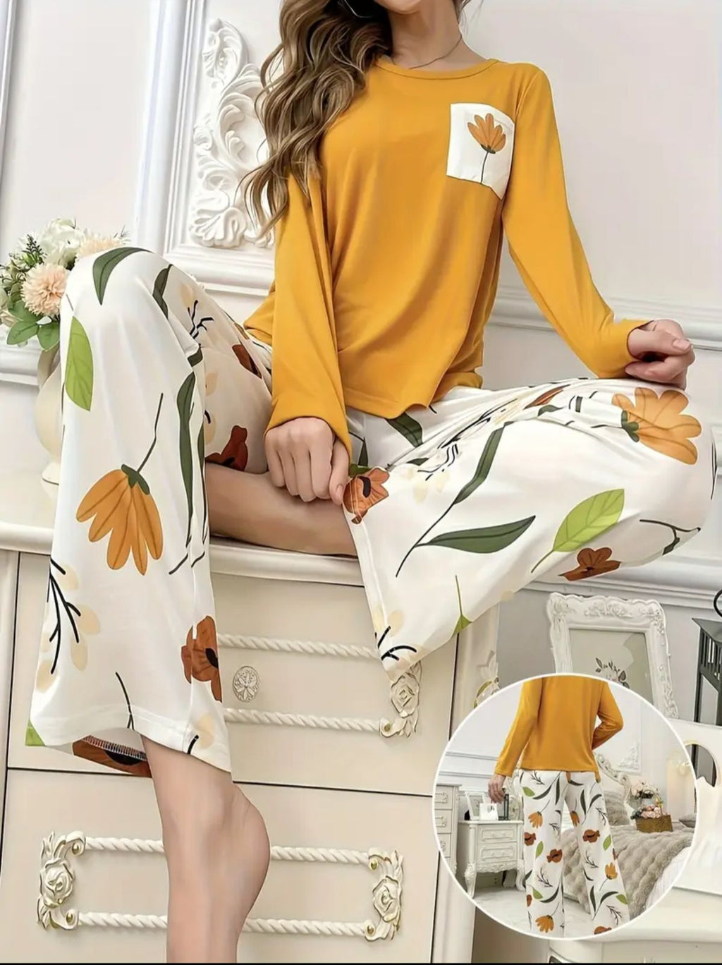 Mustard Pocket Flower With Flower Printed Trouser