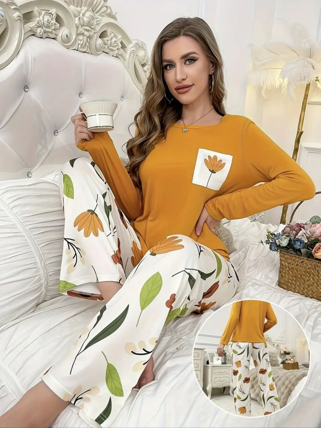 Mustard Pocket Flower With Flower Printed Trouser