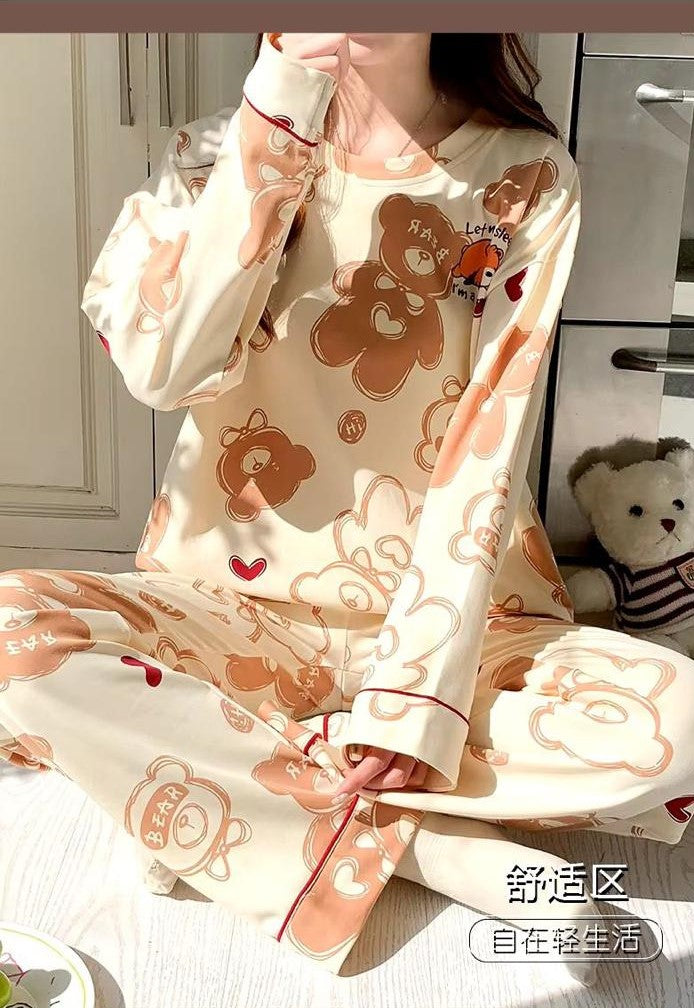 Cream Bears Let Me Sleep Full Sleeves Printed Night Suit