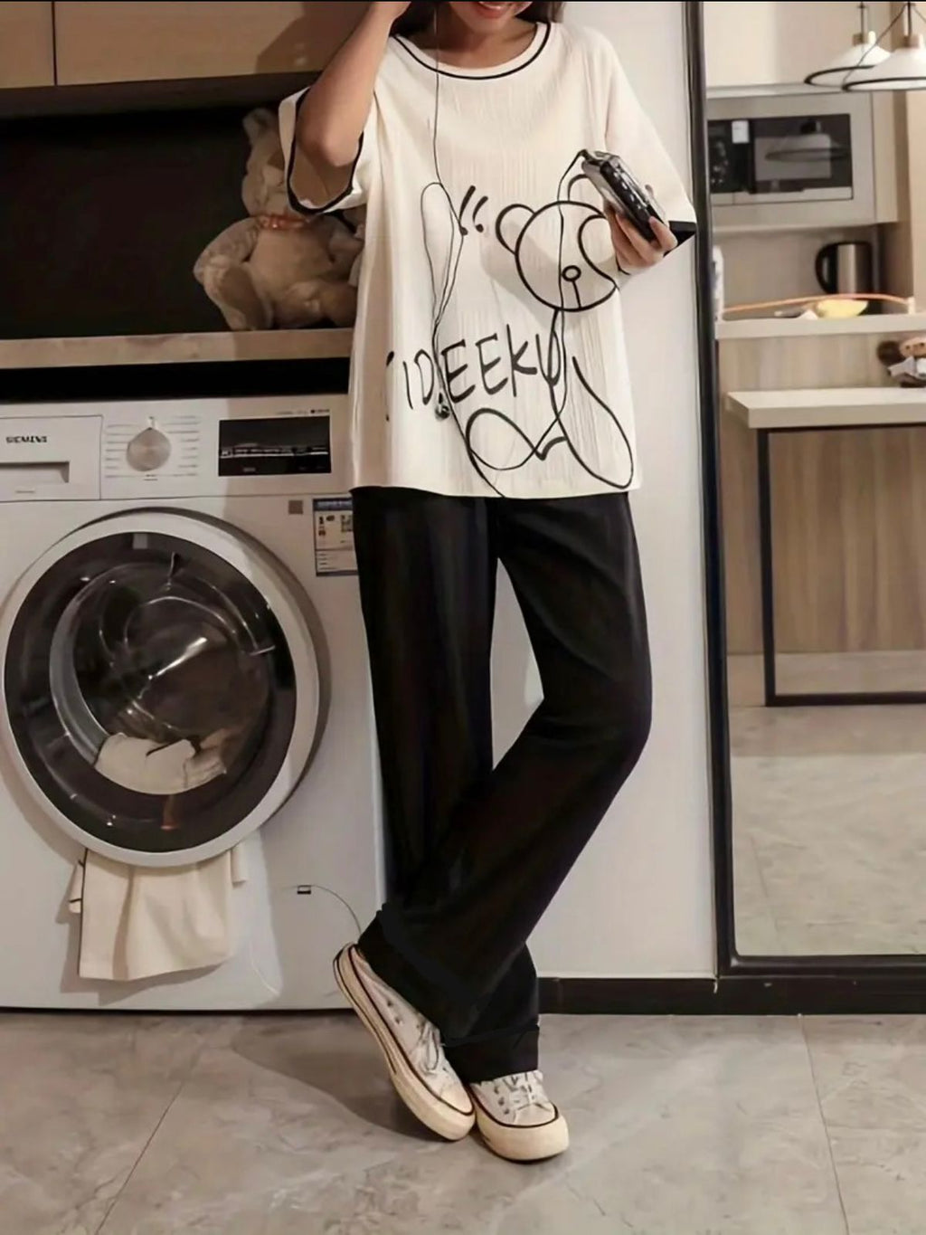 Off White tideeku Bear Print Oversized Shirt With Black Trouser