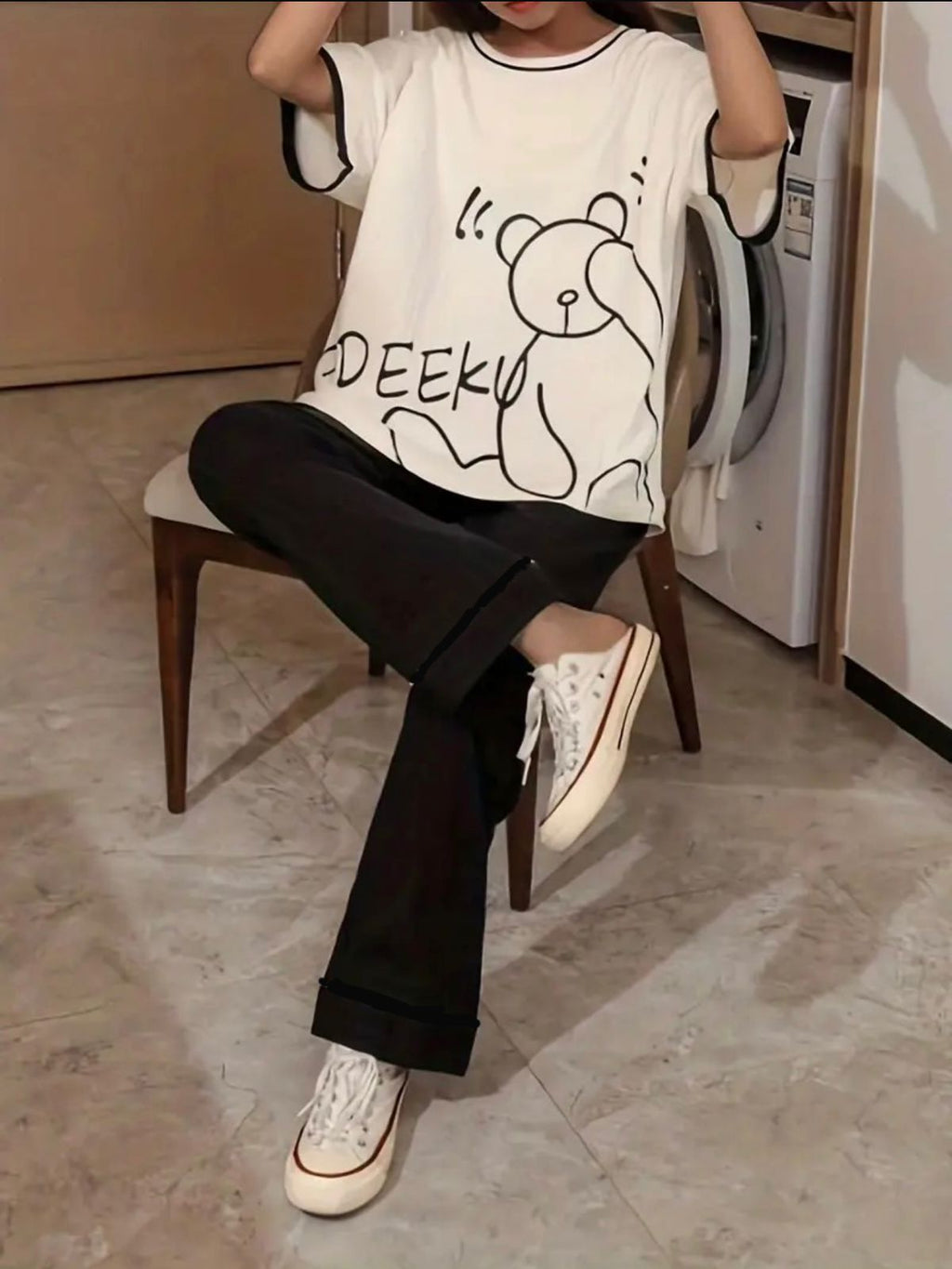 Off White tideeku Bear Print Oversized Shirt With Black Trouser