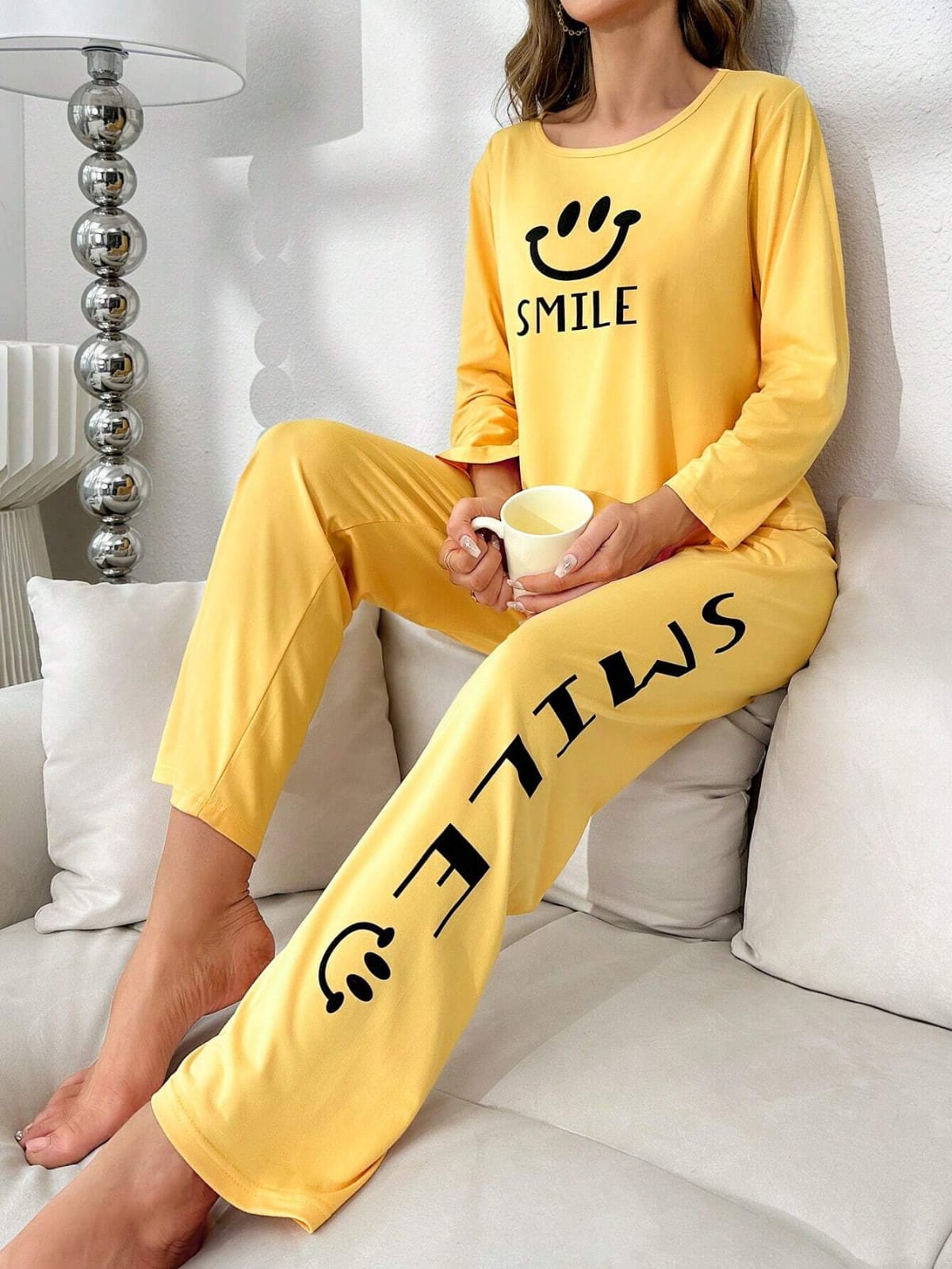 Yellow Smile Print Full Sleeves Pjs