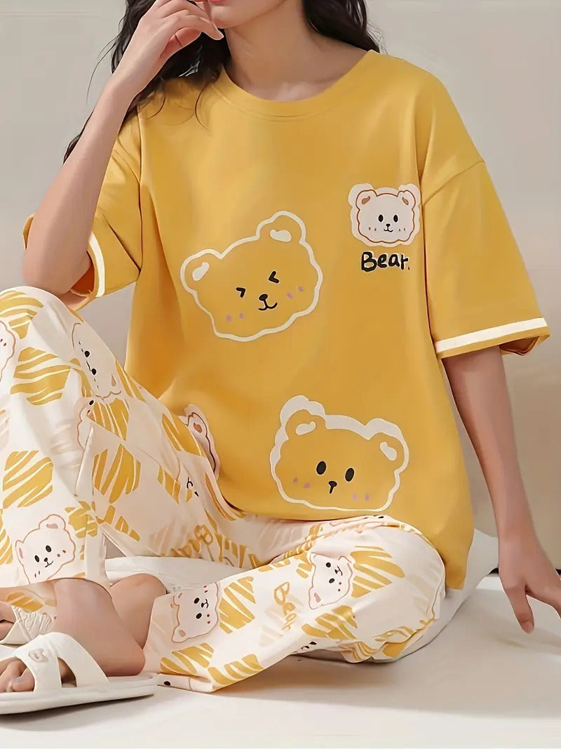 Yellow Four Bears Print Half Sleeves Pjs