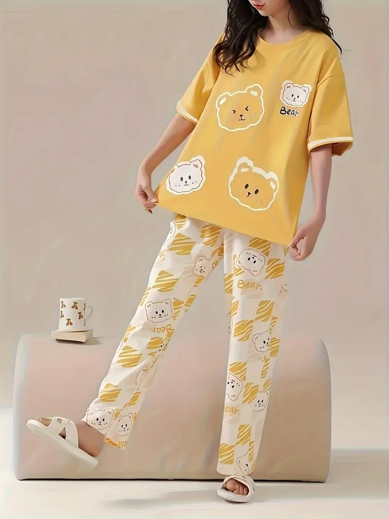 Yellow Four Bears Print Half Sleeves Pjs