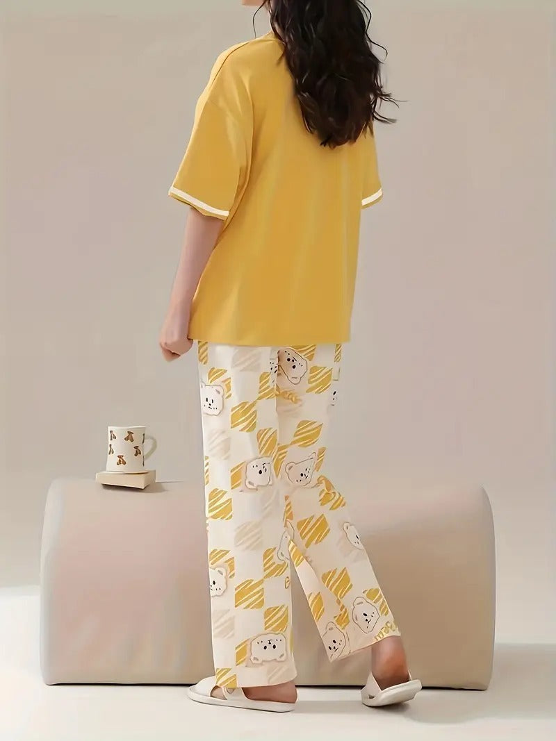 Yellow Four Bears Print Half Sleeves Pjs