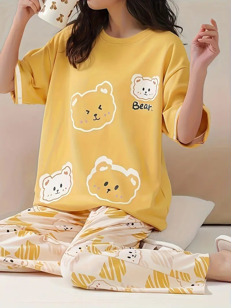 Yellow Four Bears Print Half Sleeves Pjs