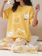 Yellow Four Bears Print Half Sleeves Pjs