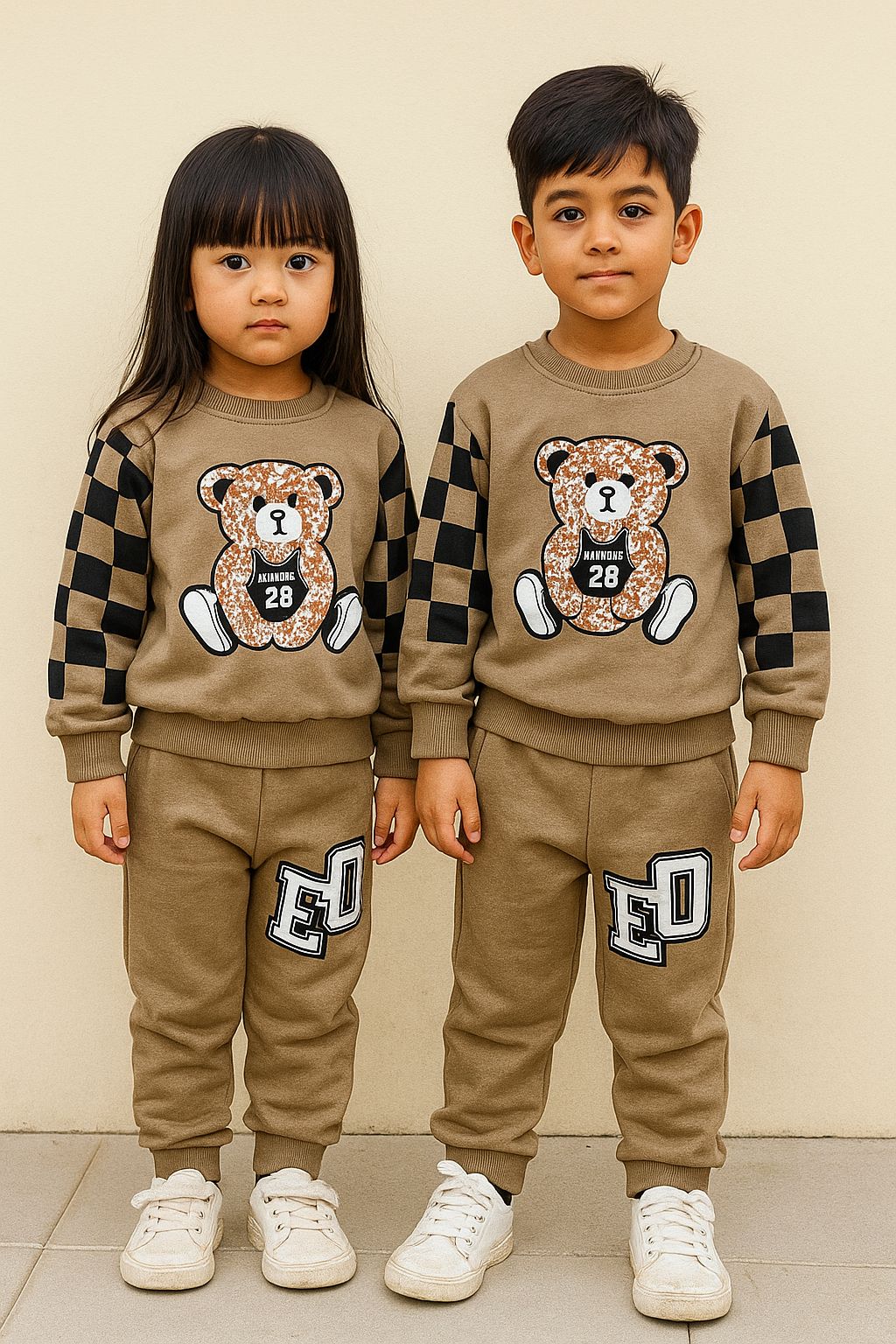 Light Brown Bear With Check Printed Kids Track Suit