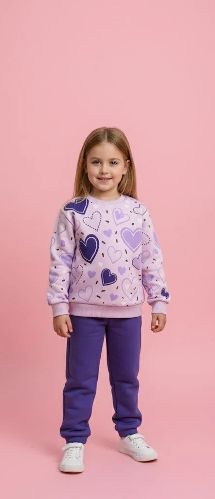 Lilac All Over Heart Printed Kids Track Suit