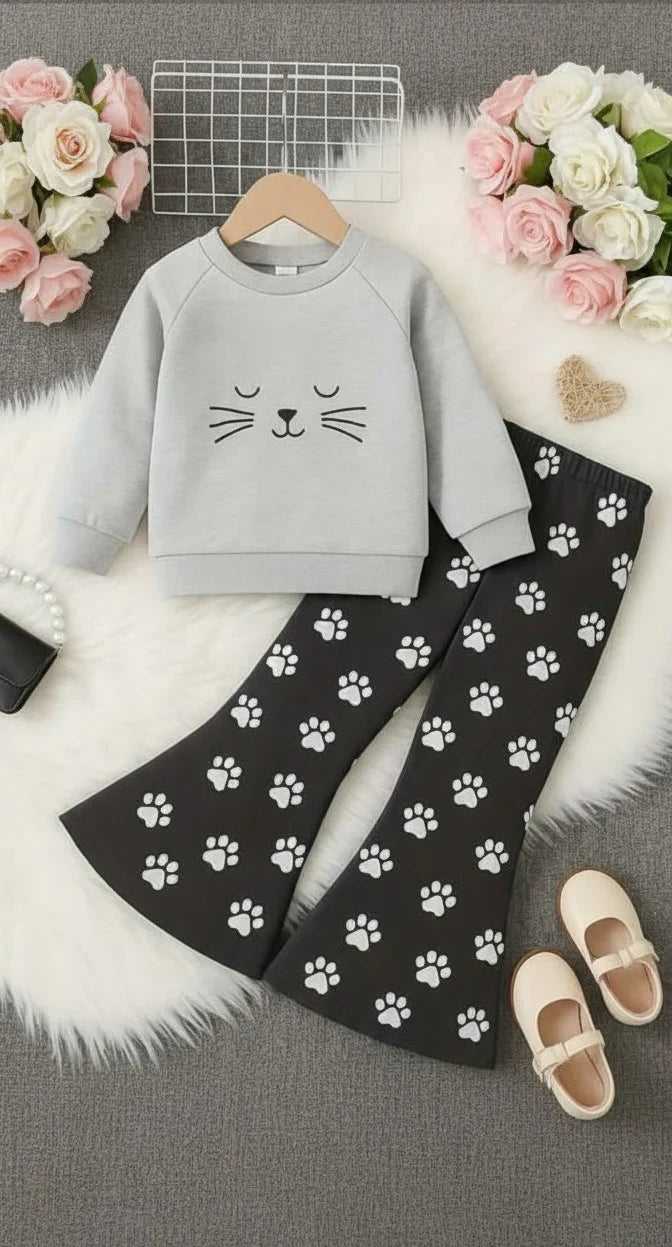 Grey Sleepy Cat with Foot Printed Kids track suit