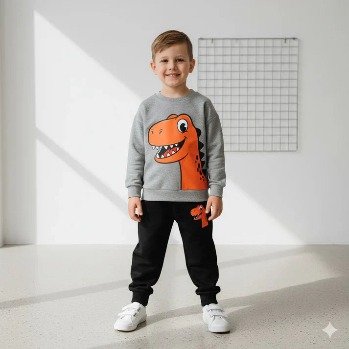 Grey Big Dinosour Printed Kids Track Suit