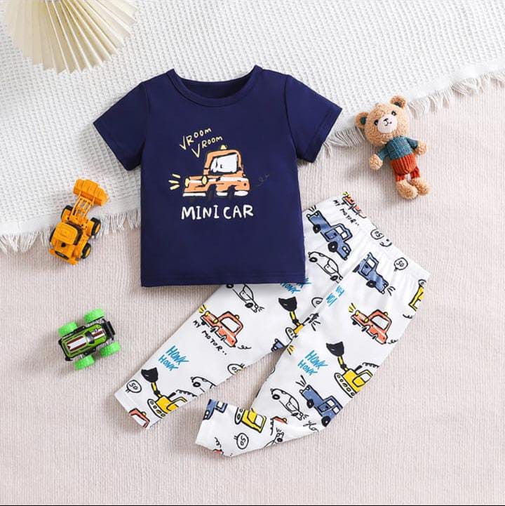 Navy Blue Mini Car with White pajama Printed Kids Night Suit (KO-616)