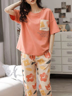 Peach Flower Pocket Printed Night Suit