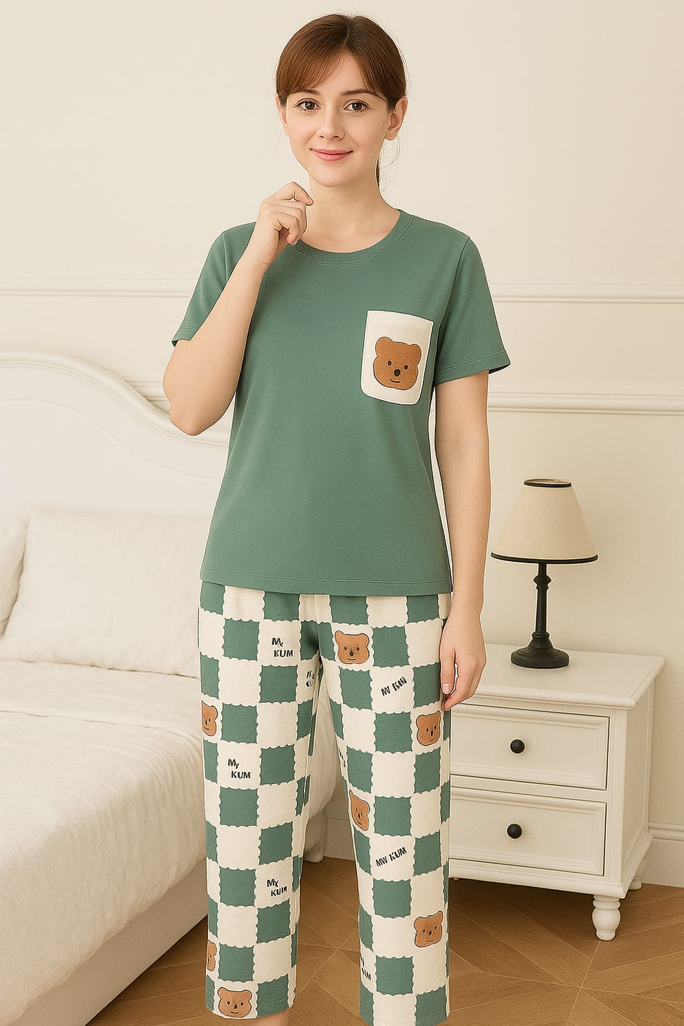 Green Front Bear Printed Half Sleeves T-shirt With Bear Printed Pajama Suit