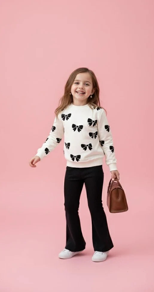 White with Black Bow Printed Kids Track Suit