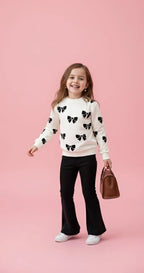 White with Black Bow Printed Kids Track Suit
