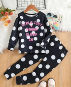 Black Polka Dot wanna sleep Printed Kids Night Suit (KO-607)