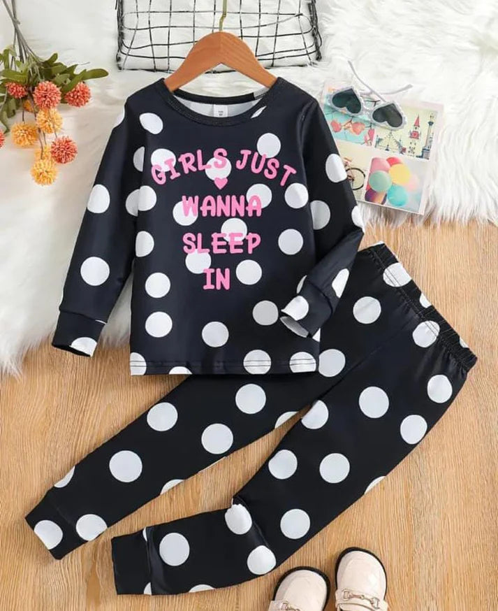 Black Polka Dot wanna sleep Printed Kids Night Suit (KO-607)
