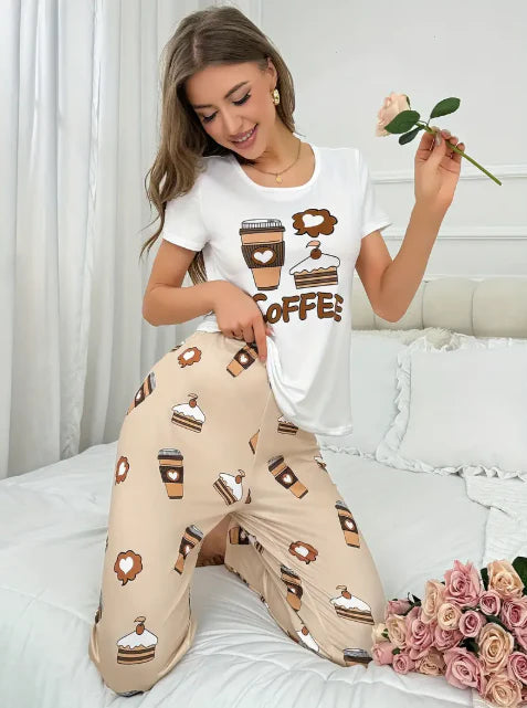 White Coffee Cake Printed Half Sleeves Night Suit