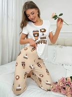 White Coffee Cake Printed Half Sleeves Night Suit