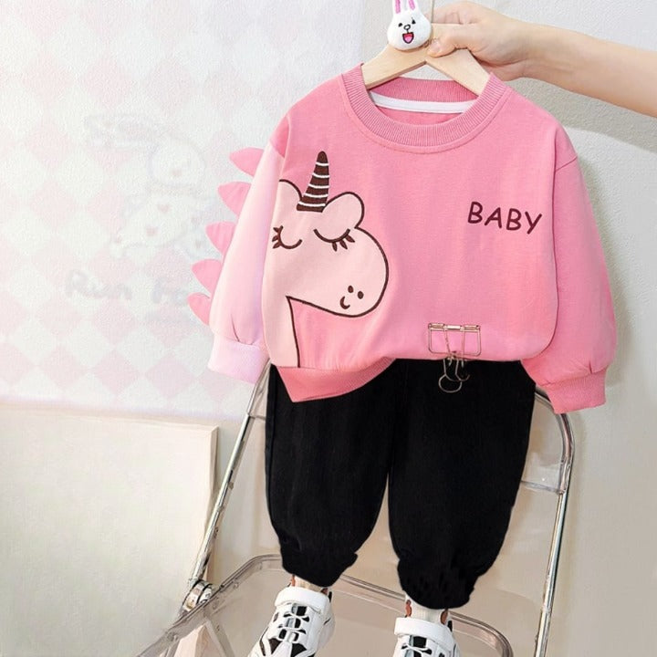 Pink with Dragon Sweat Shirt with Black Trouser for Kids