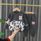 Charcoal Grey & White Cow Print Sweatshirt With Grey Trouser For Kids (TA-020)