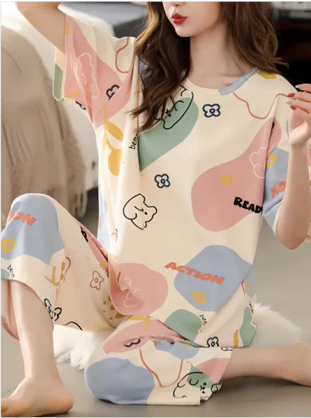 Off white Multi Cute Bears Half Sleeves Night Suit