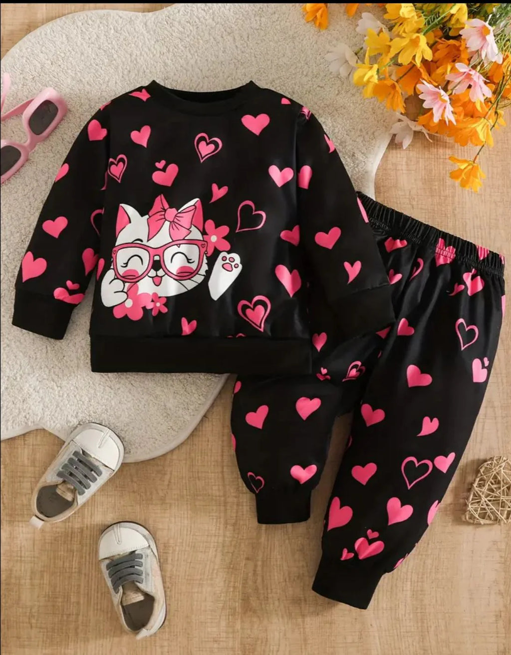 Black With Pink Kitty Kids Track Suit