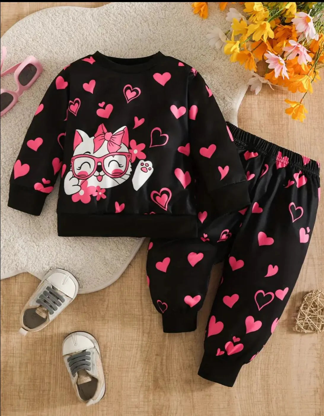 Black With Pink Kitty Kids Track Suit