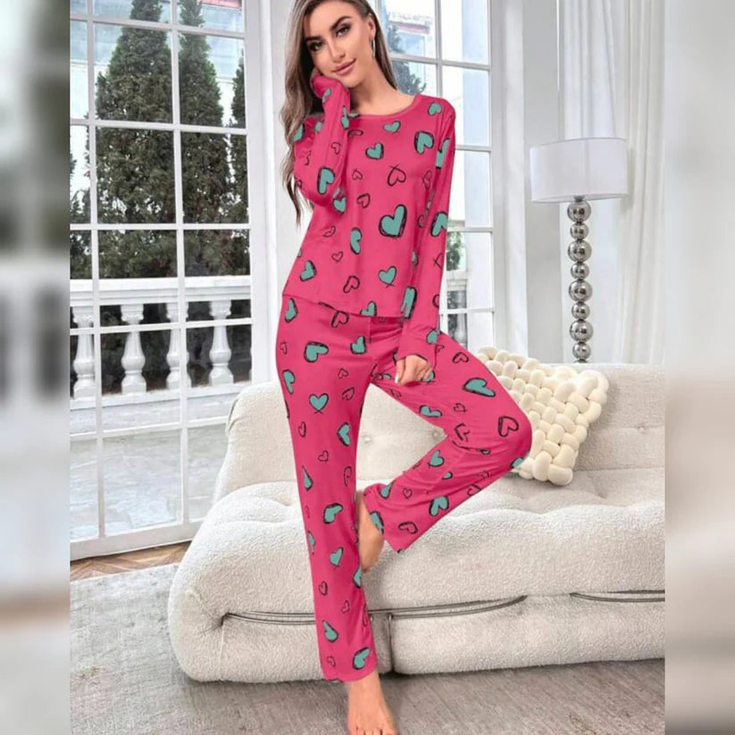 Shocking Pink With Green Herats Print With Hearts Printed Trouser (KO-NS-492)