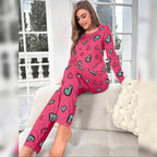 Shocking Pink With Green Herats Print With Hearts Printed Trouser (KO-NS-492)