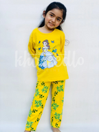 Yellow Barbie Girl Printed Full Sleeves T-shirt with Flower Printed Pajama Kids Suits (KO-619)