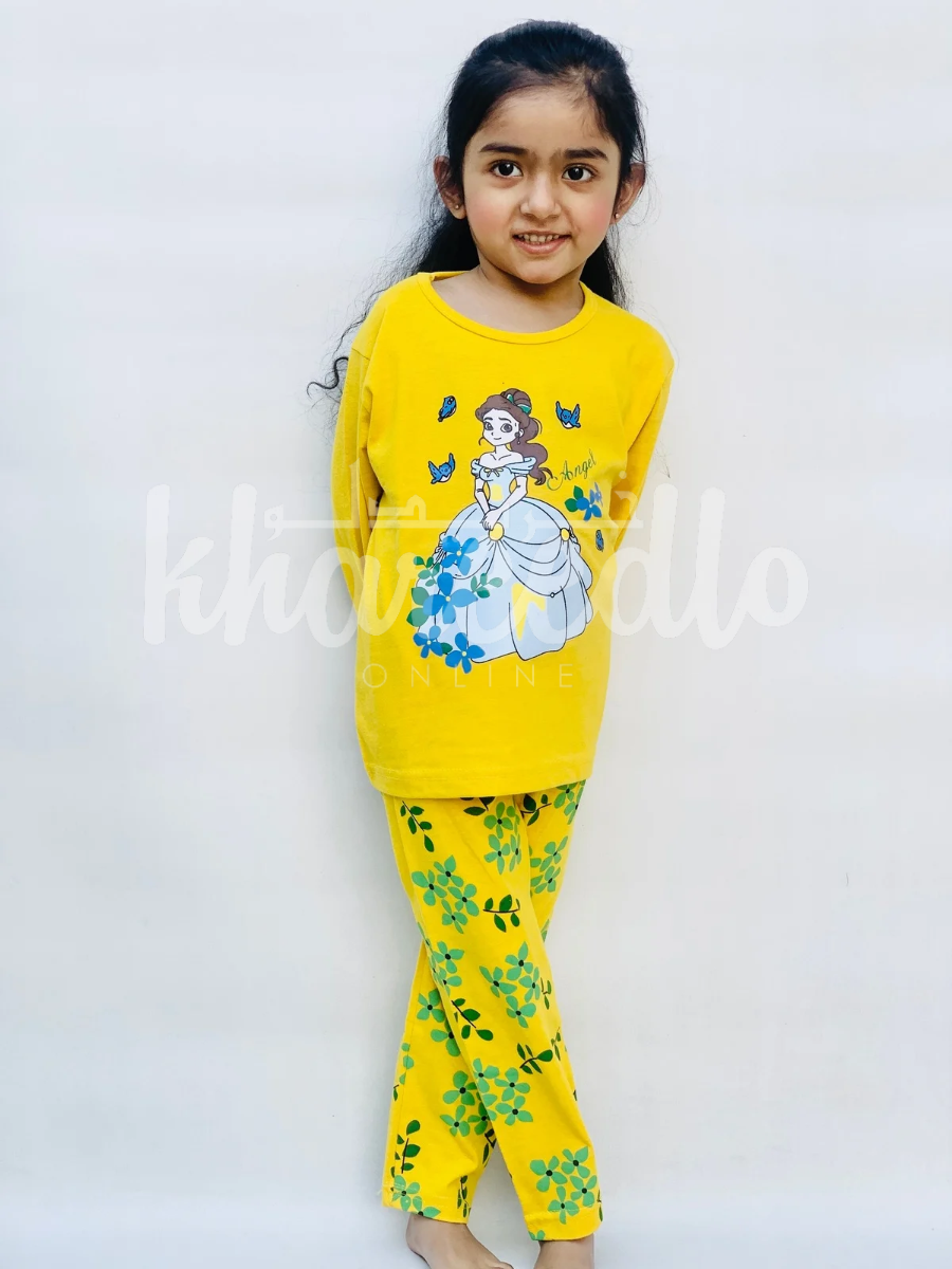 Yellow Barbie Girl Printed Full Sleeves T-shirt with Flower Printed Pajama Kids Suits (KO-619)