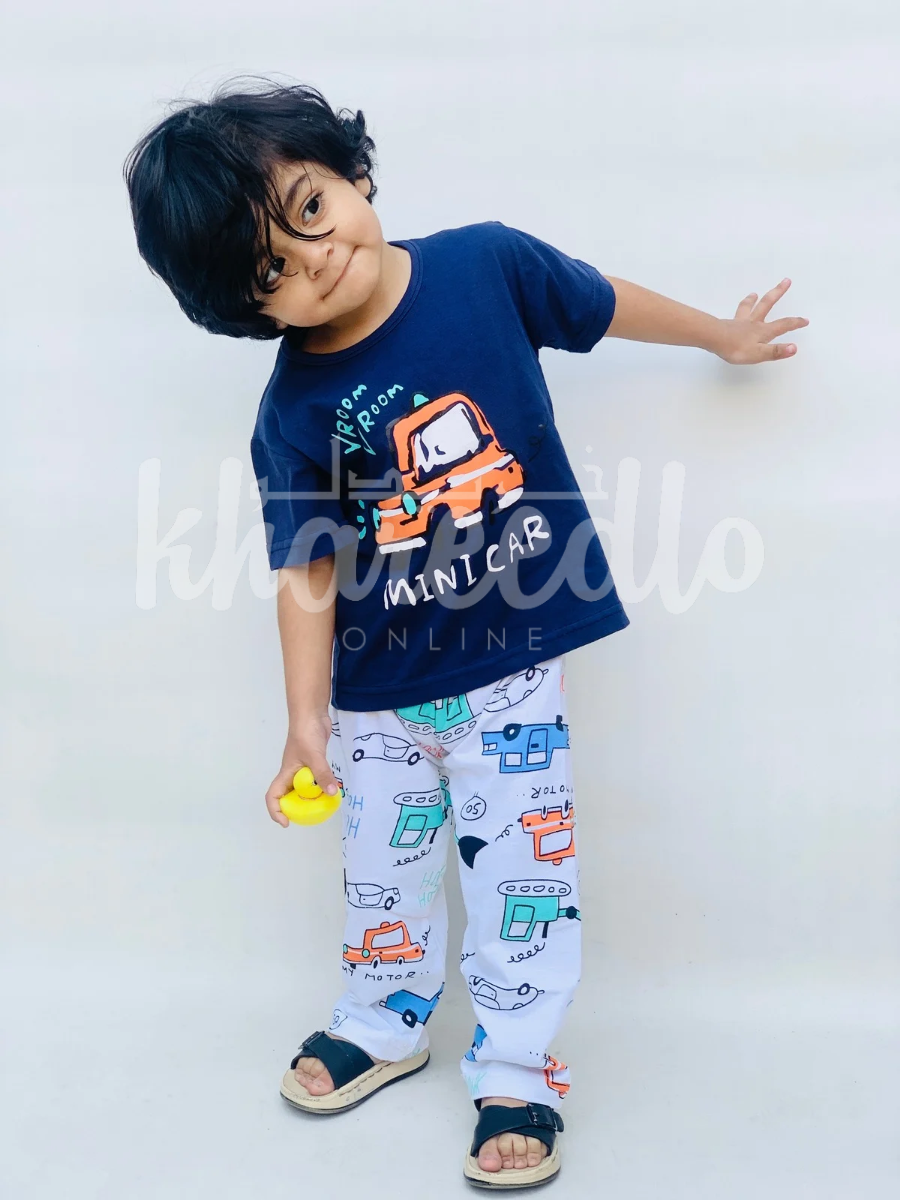 Navy Blue Mini Car with White pajama Printed Kids Night Suit (KO-616)