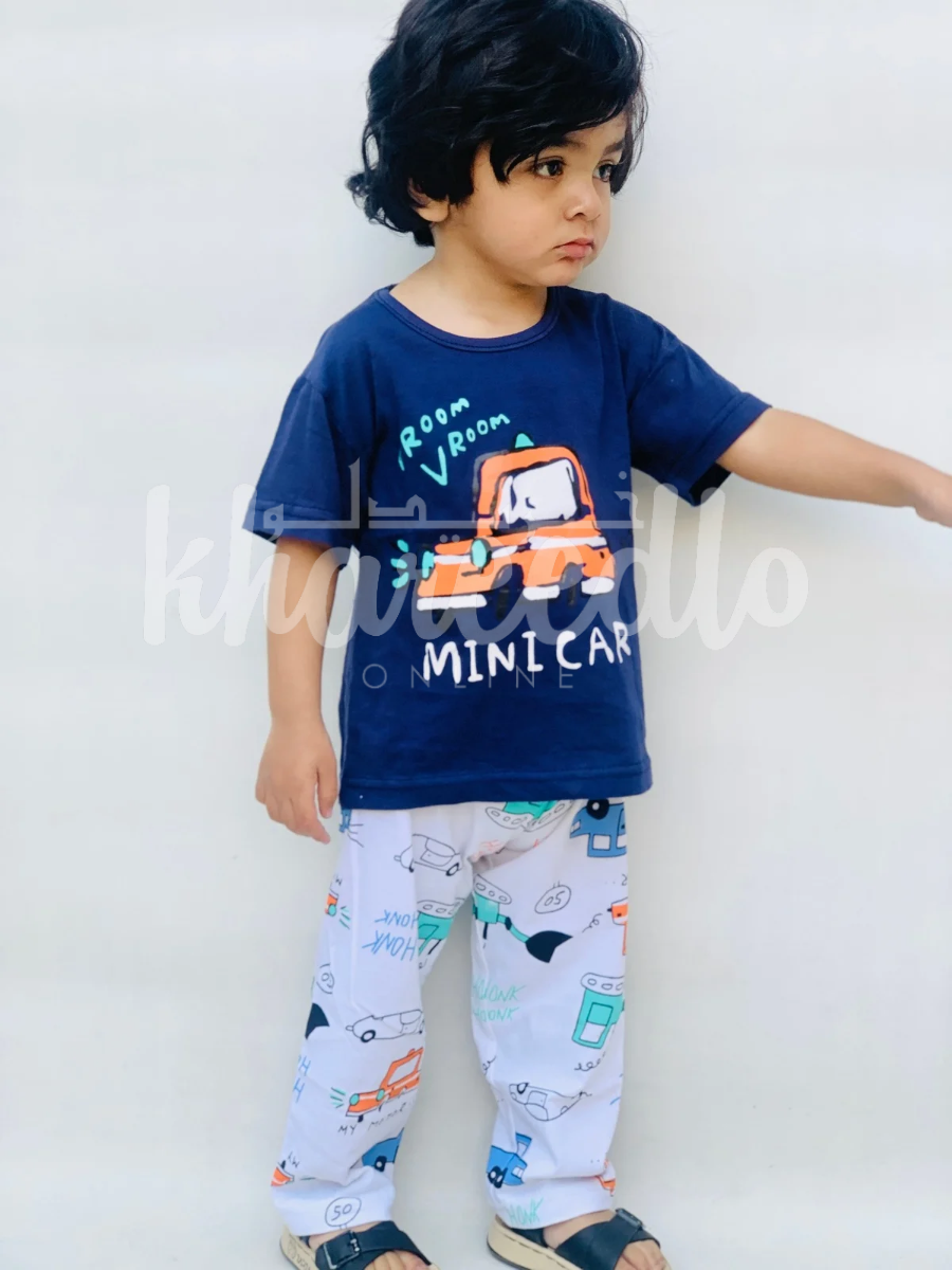 Navy Blue Mini Car with White pajama Printed Kids Night Suit (KO-616)