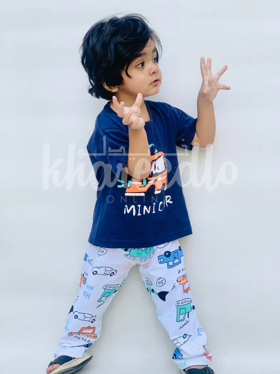 Navy Blue Mini Car with White pajama Printed Kids Night Suit (KO-616)