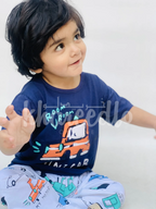 Navy Blue Mini Car with White pajama Printed Kids Night Suit (KO-616)