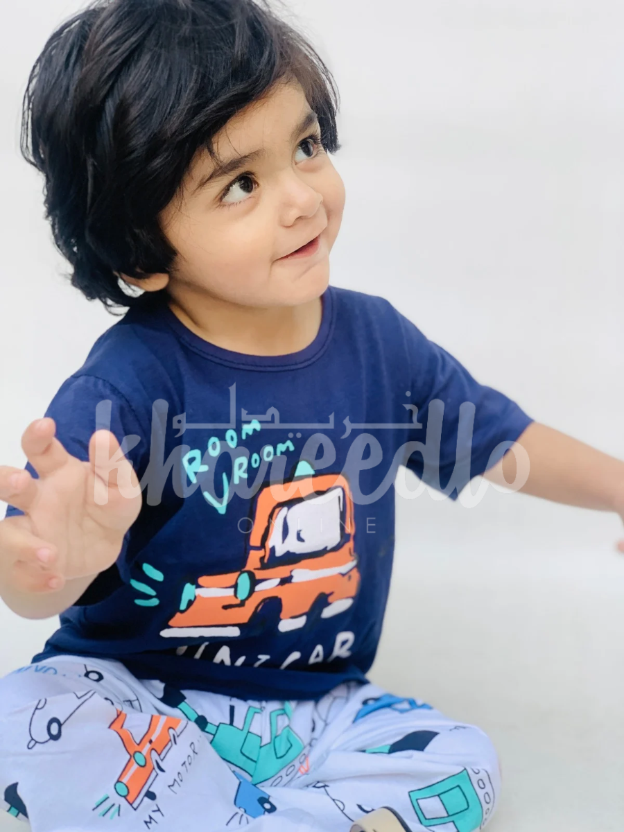 Navy Blue Mini Car with White pajama Printed Kids Night Suit (KO-616)