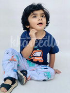 Navy Blue Mini Car with White pajama Printed Kids Night Suit (KO-616)