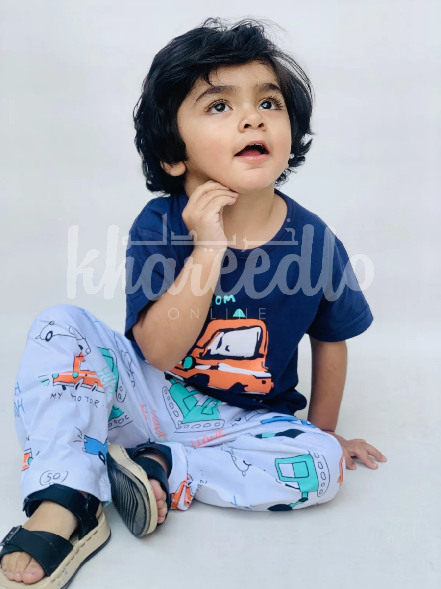 Navy Blue Mini Car with White pajama Printed Kids Night Suit (KO-616)
